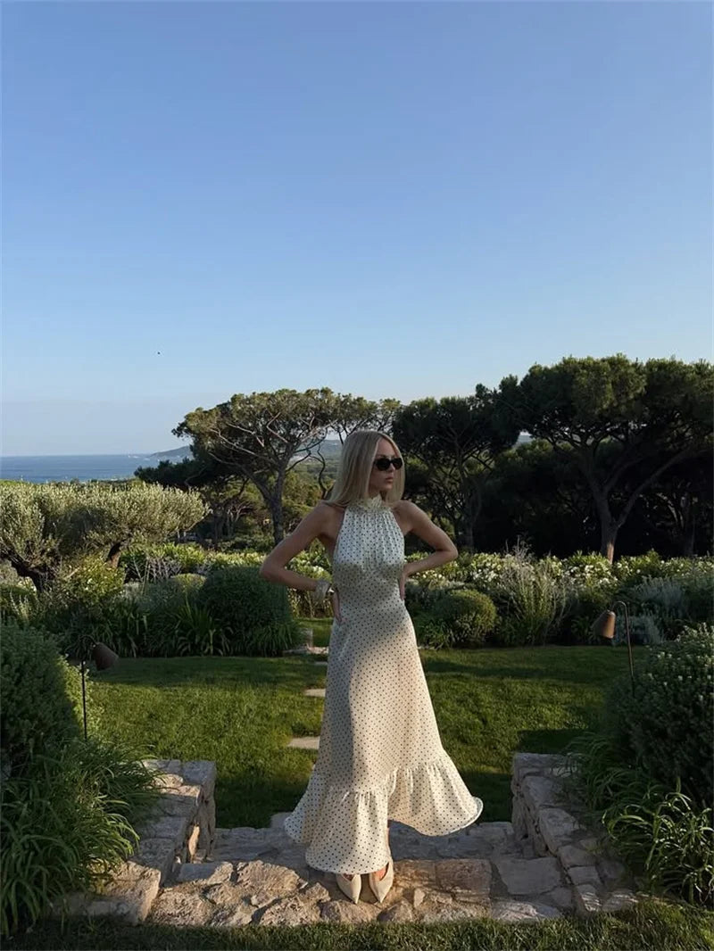 Mozision Polka Dot Ruched Ruffle Sexy Midi Dress Women Gown Fashion Halter Sleeveless Backless High Waist Club Long Dresses