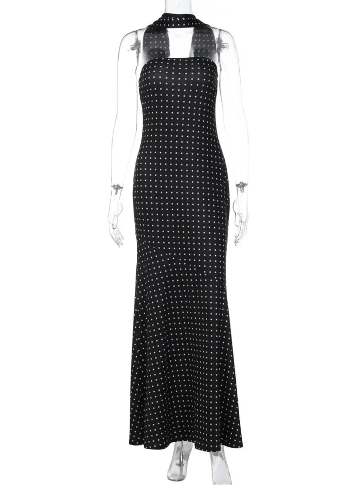 Mozision Polka Dot Strapless Sexy Maxi Dress Women Gown Elegant Scarf Collar Off-shoulder Backless Sleeveless Club Party Dress