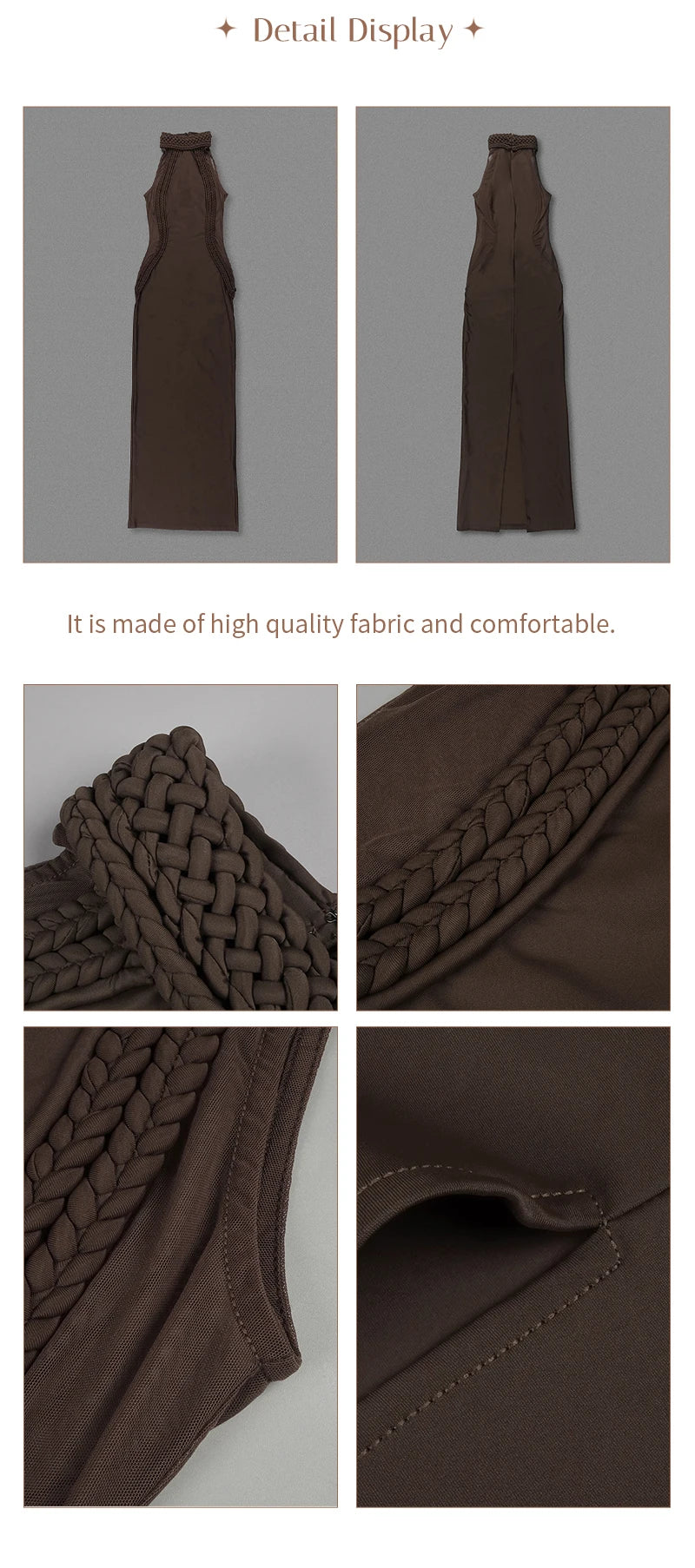 Luxury Sheer Corset Brown Long Dresses for Women – Long Sleeve High Neck See Through Bodycon Maxi Dress with Mesh Waist Detail