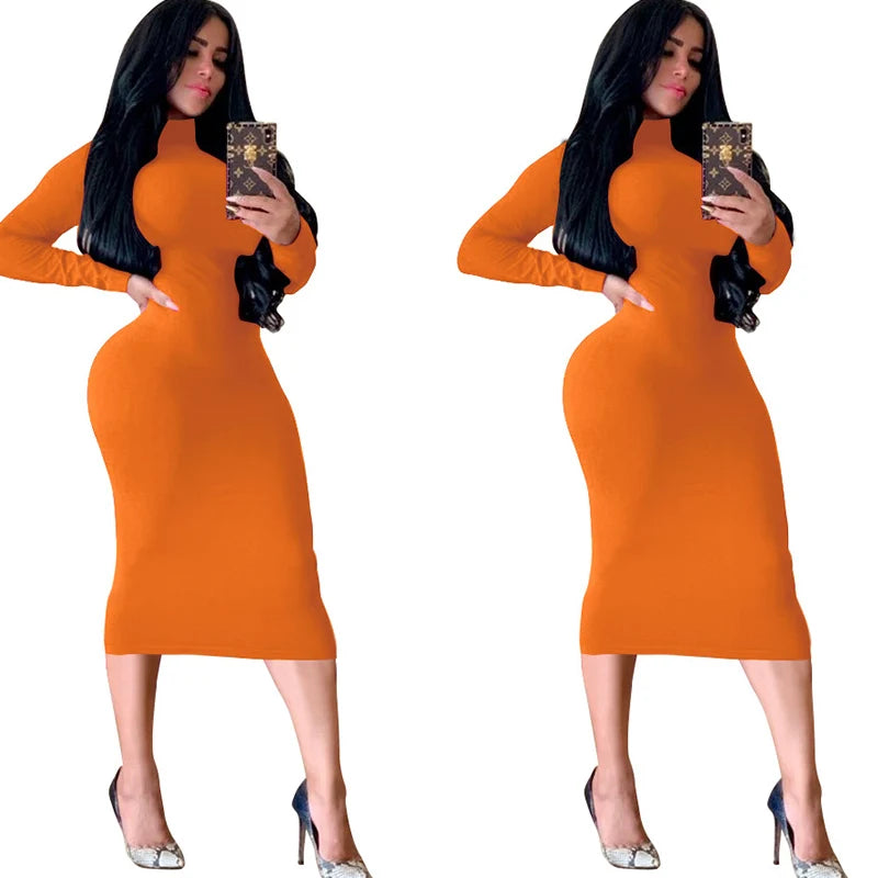 Winter Black Turtleneck Sexy Women Dress Autumn Long Sleeve Skinny Midi Boydcon Casual Blue Plush Knee-Length Party Club