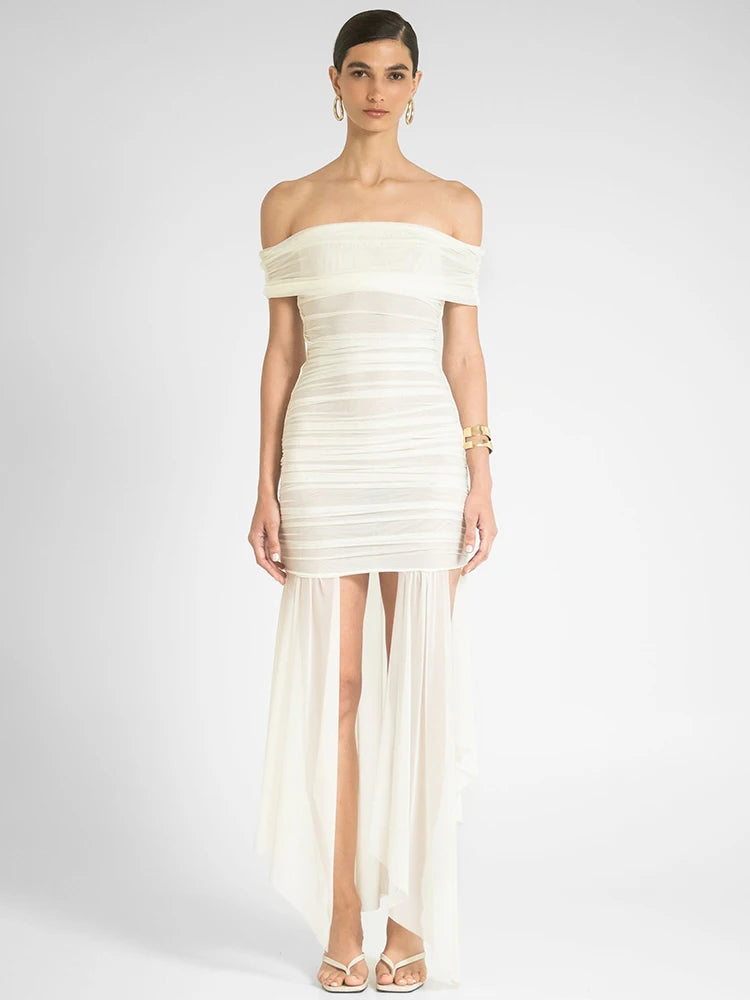 Mozision Mesh Off-shoulder Backless Sexy Maxi Dress For Women Fashion Strapless Sleeveless Split Ruched Bodycon Club Party Dress