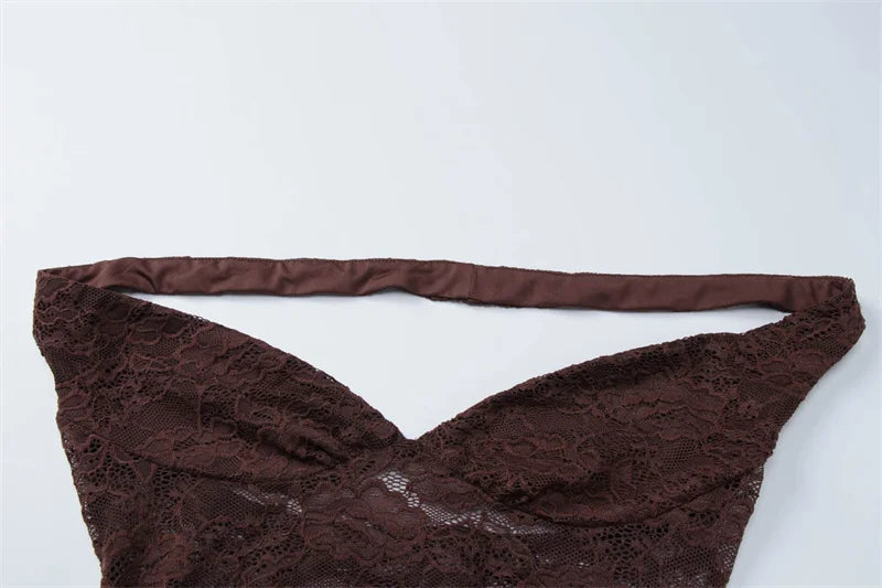 Mozision Lace See Through Sexy Two Piece Set Women Elegant Off-shoulder Backless Bodysuit And Maxi Skirt Matching Club Dress Set