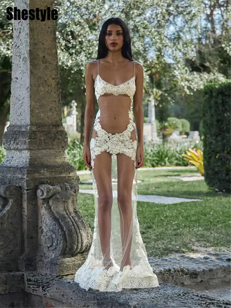 Shestyle Lace Transparent Mini Dress Sexy Women Wrapping Spaghetti Embroidery Flower Sheath Nightwear Club Mesh Wave Fantacy