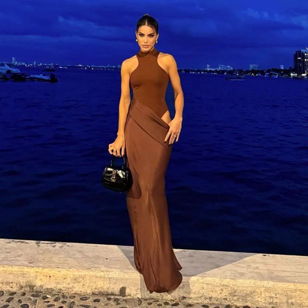 Mozision Women Sexy Party Club Evening Bodycon Sleeveless Long Dress Backless Soild Color Elegant Summer Dress