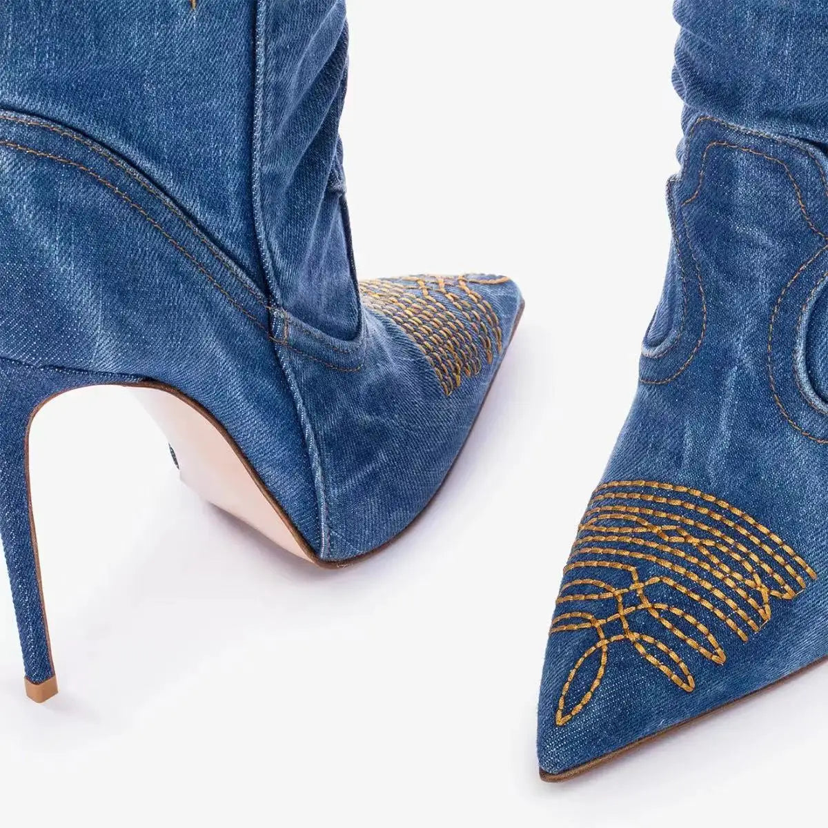 Women's Denim Western Cowboy Boots Pointed Toe Stiletto Heel, Sexy Embroidery Knight Runway Fashion Ankle Booties