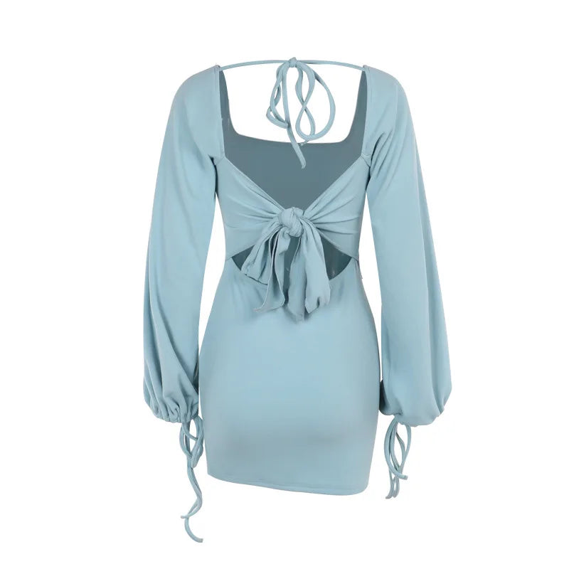 NIDANSSI Lantern Long Sleeve Backless Lace Up Autumn Dress Women Robes Elegant Evening Party Dress Bodycon Mini Dress Vestidos