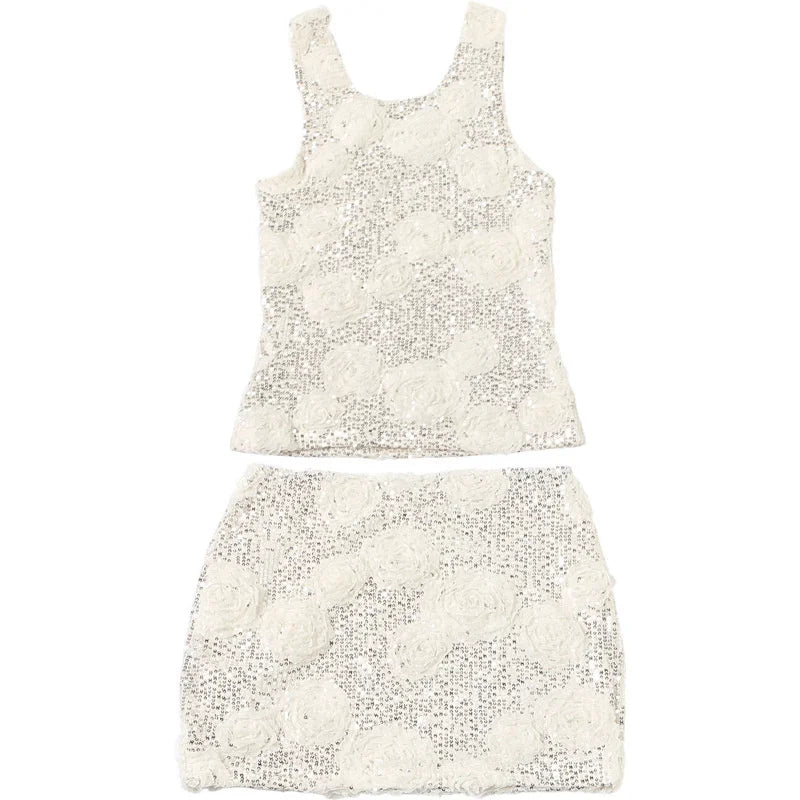 Mozision Sparkle Sexy Two Piece Set Women Elegant Square Collar Sleeveless Tank Top And Mini Skirt Matching Sets Club Dress Set