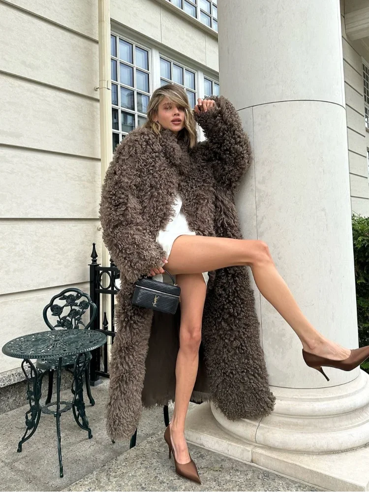 Luxury Long Faux Fur Coat Women Fashion Lapel Long Sleeve Thick Warm Loose Jacket 2025 Winter Lady Chic High Street Outerwear