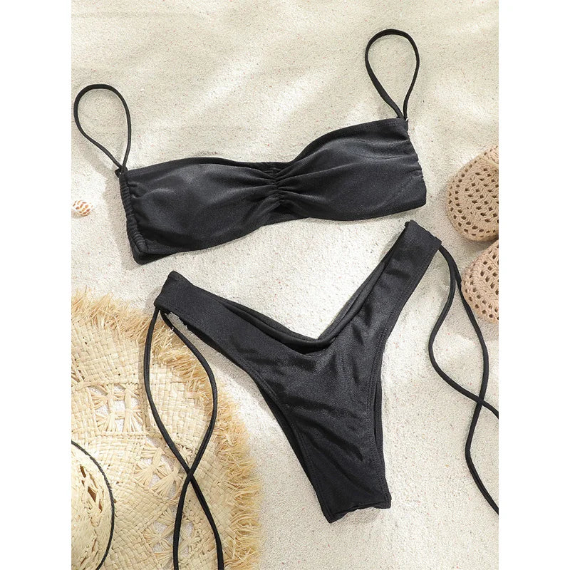 Woman swimsuits String Bikini Set Women High Cut Swimwear Sexy Bathing Suit Bandage Biquini Female Pleated Beachwear Summer