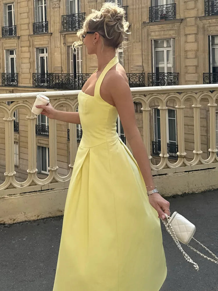 Mozision Halter Backless Sexy Midi Dress Women Fashion Solid Sleeveless High Waist A-line Club Party Pleated Long Dresses Female