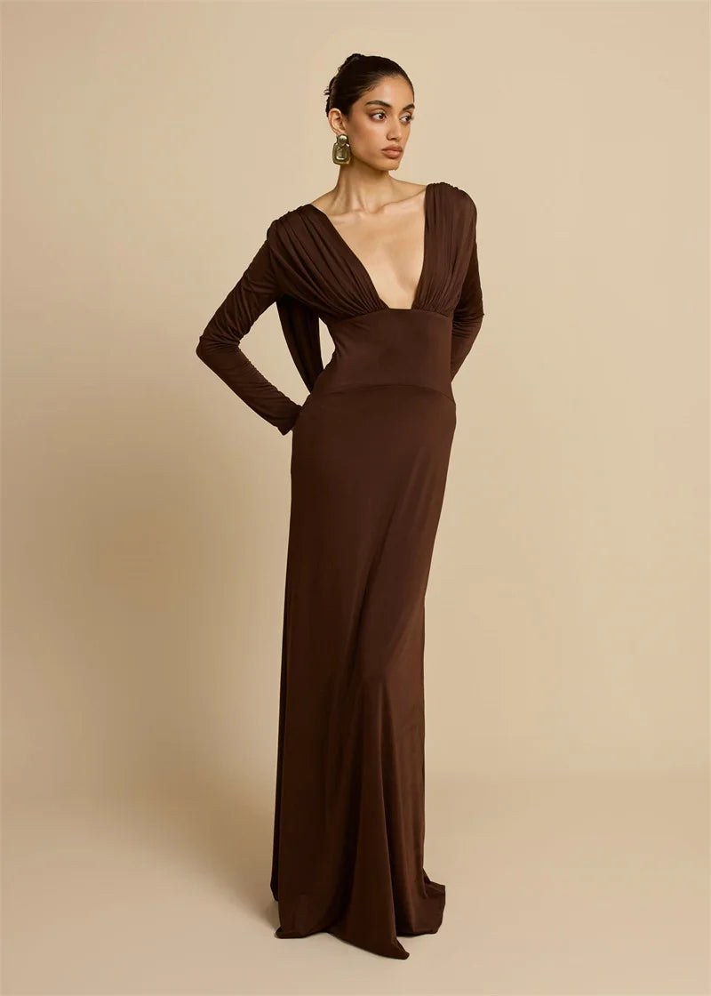 Mozision Elegant Deep V Neck  Backless Sexy Maxi Dress For Women Brown Long Sleeve High Waist Ruched Club Party Long Dresses