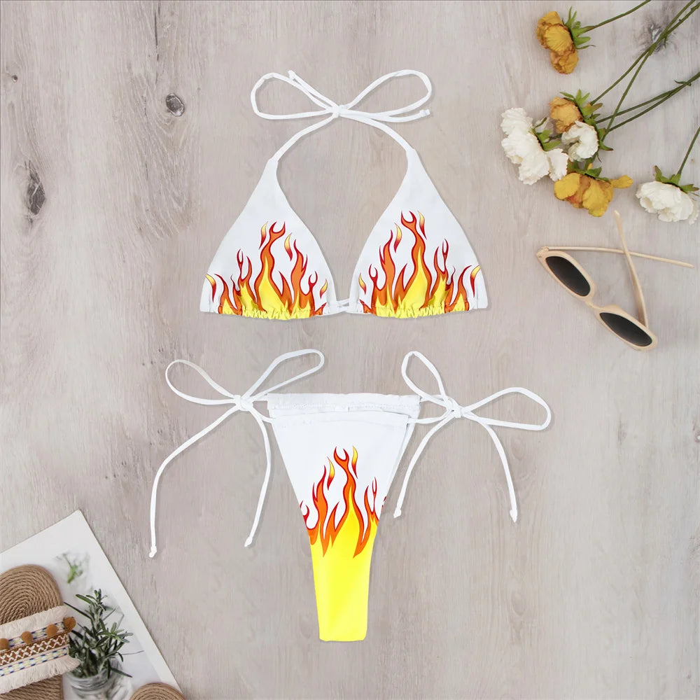 Hot Flame Bikini Backless String Sexy Triangle Swimsuit Y2K Micro Thong Women Swimwear Pads 2-piece Brazilian Beach Bathing Suit
