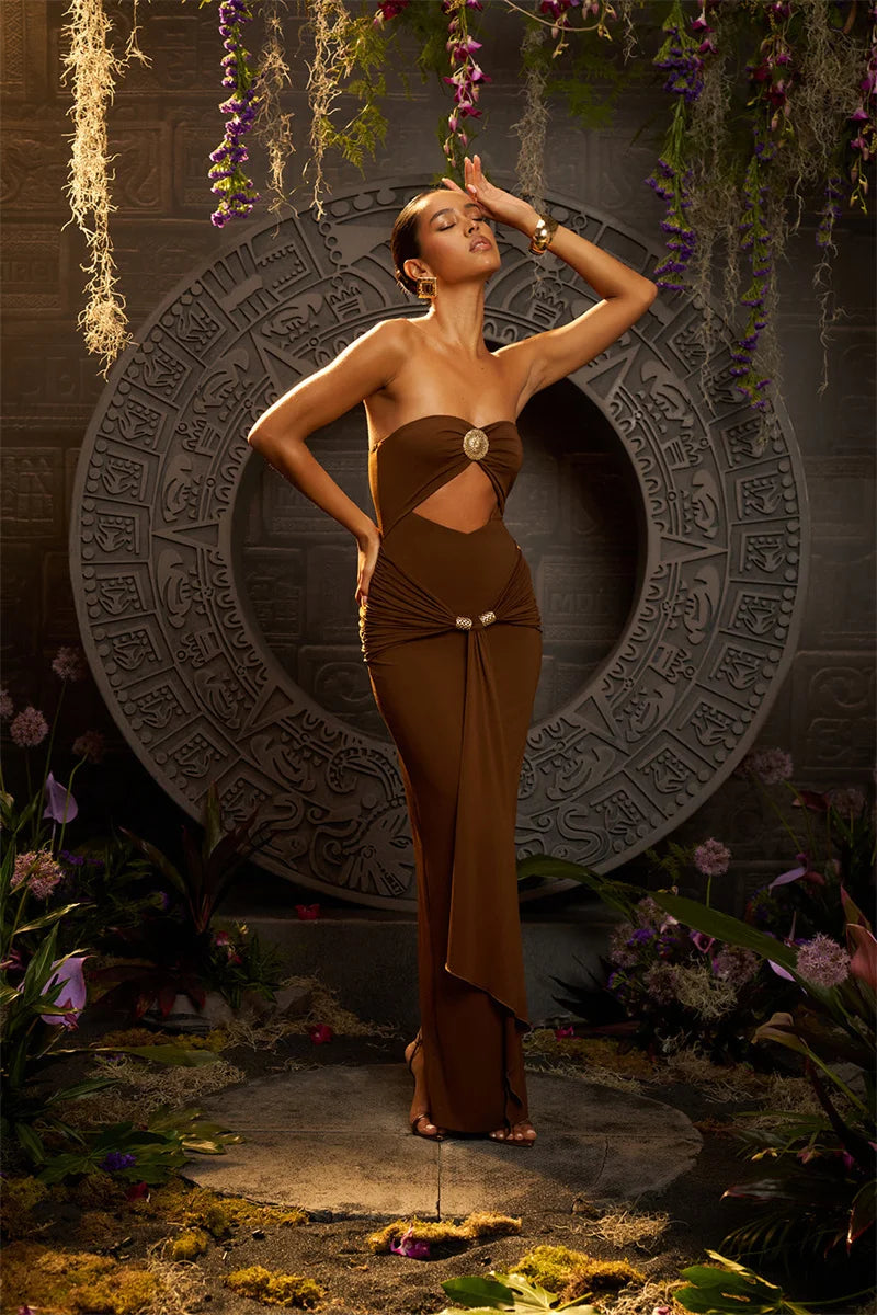 Mozision Hollow Out Backless Sexy Maxi Dress Women Gown Summer New Off-shoulder Strapless Sleeveless Ruched Club Long Dress