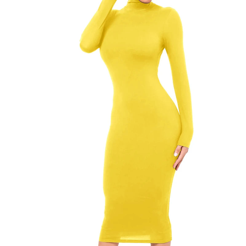 Winter Black Turtleneck Sexy Women Dress Autumn Long Sleeve Skinny Midi Boydcon Casual Blue Plush Knee-Length Party Club