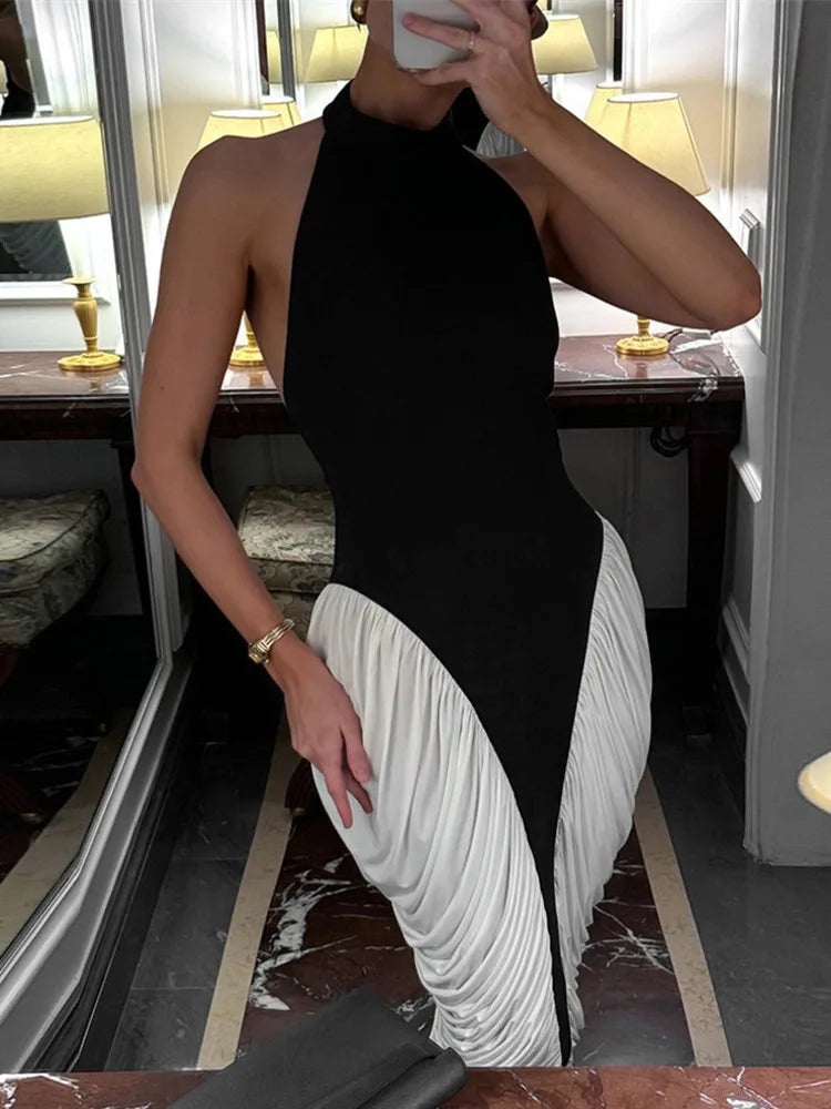 Mozision Patchwork Halter Backless Sexy Midi Dress Women Gown Elegant Fashion Contrast Color Sleeveless Pleated Long Dress