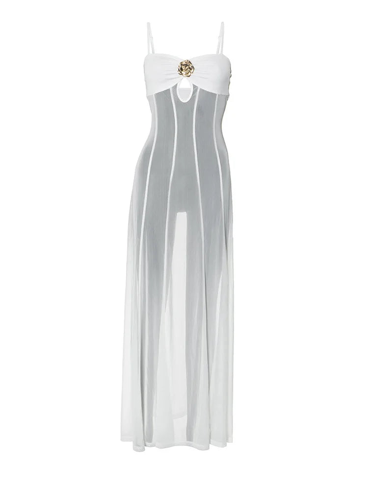 Mozision See Through Spaghetti Strap Sexy Maxi Dress For Women Gown Summer New Metal Buckle Sleeveless Backless Beach Long Dress