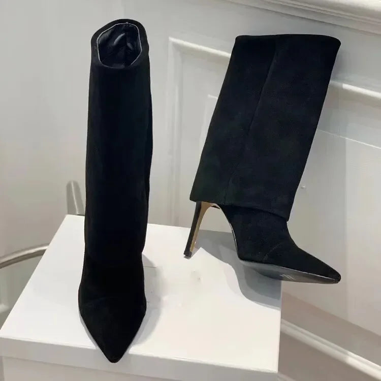 European and American Style High-heeled Wide Tube Sleeve Skirt Boots for Women, Niche Stone Patterned Fashion Banquet Shoes