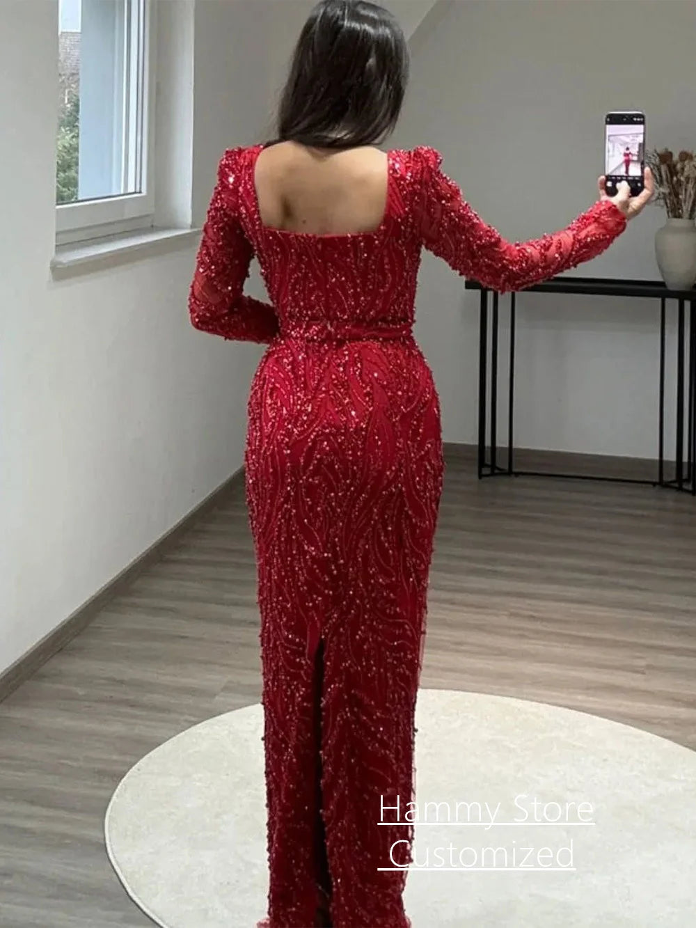 Sparkling Evening Dress Customized Square Neck Full Sleeves Beading  Sequined Sheath Pageant Party Gown Formal Prom Dresses
