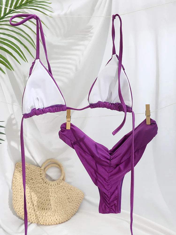 Triangle Bikinis Sexy Swimsuit Women Bandage Swimwear 2025 Bikini Set Solid Color Beachwear Two Piece Suit Female Swimsuits