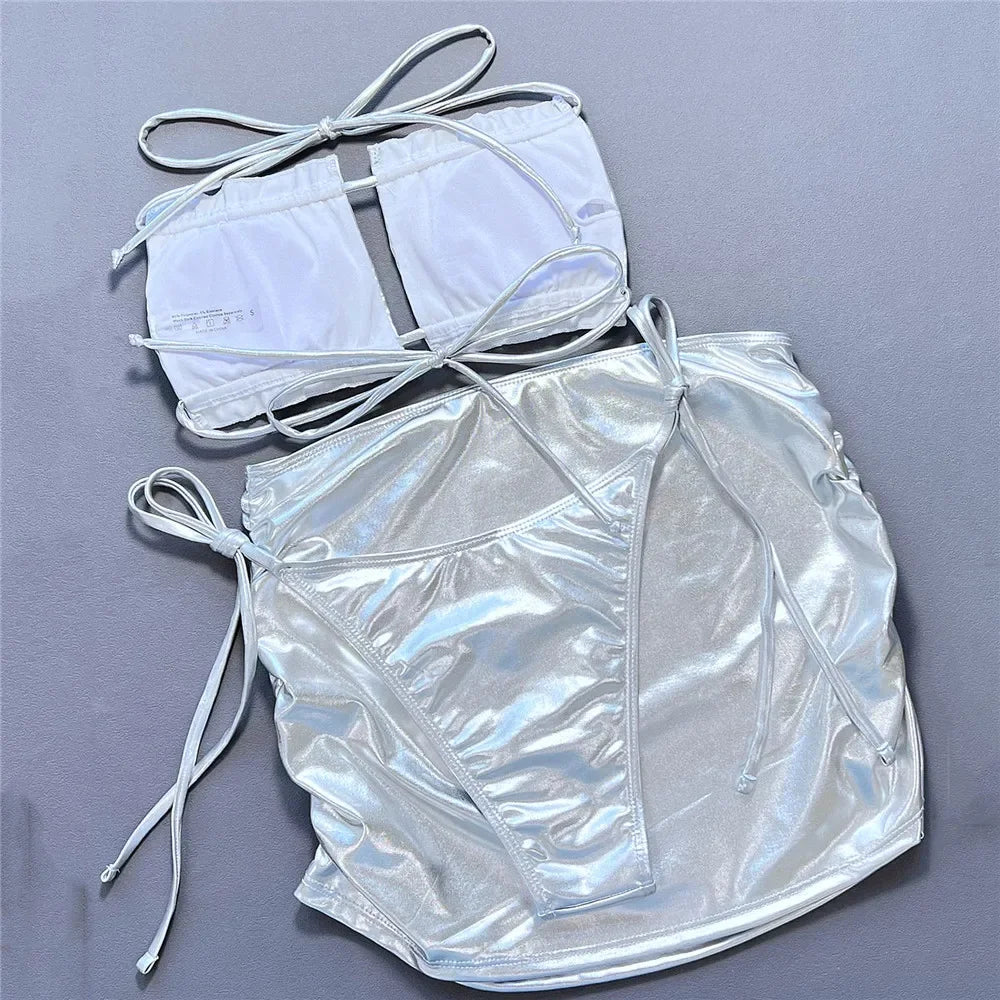 Sexy Silver Swimsuit Cover Ups Women Ruffled Bandeau 3 Piece Bikini Set Swimwear Micro Thong Mini Skirt Beachwear String Bikinis