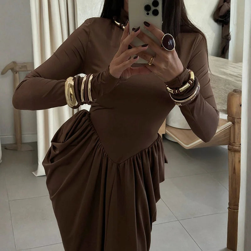 Mozision Turtleneck Long Sleeve Sexy Maxi Dress Women Gown Autumn Winter Elegant High Waist Draped Ruched Club Party Long Dress