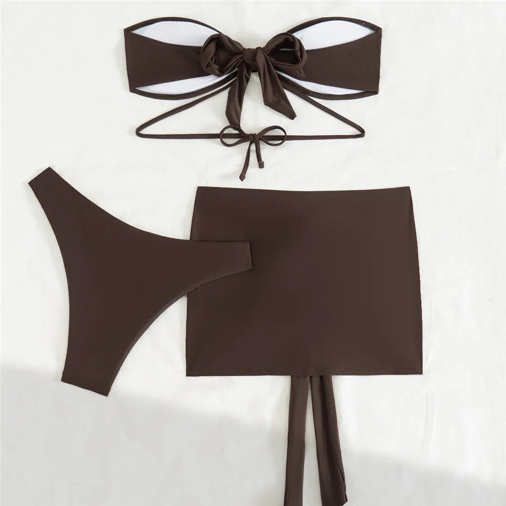 Brown Bandeau Bikinis De Mujer Sexy Swimsuit Cover Ups Women Metal Ring Swimwear 2025 Beach Wear Mini Skirts 3 Bikini Piece Set