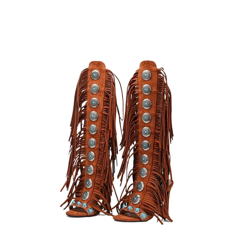 Sandalias Mujer  2025 Summer Women Sandals Peep Toe Sexy Lace Up Knee High Shoes Zapatos De Mujer High Heels