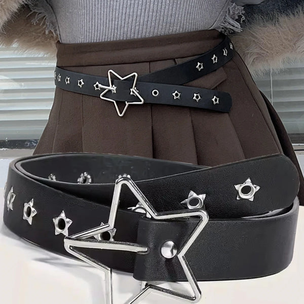 Star Eye Rivet Belt Goth Style Double Pin Buckle Man/woman Fashion Casual Punk Style Pu Leather Waistband for Jeans Y2K Belt Wofashion.xyz