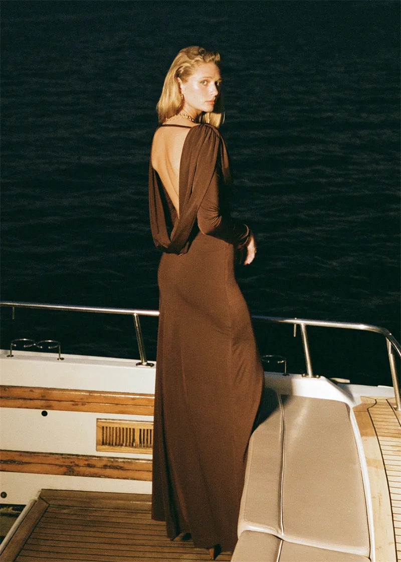 Mozision Elegant Deep V Neck  Backless Sexy Maxi Dress For Women Brown Long Sleeve High Waist Ruched Club Party Long Dresses