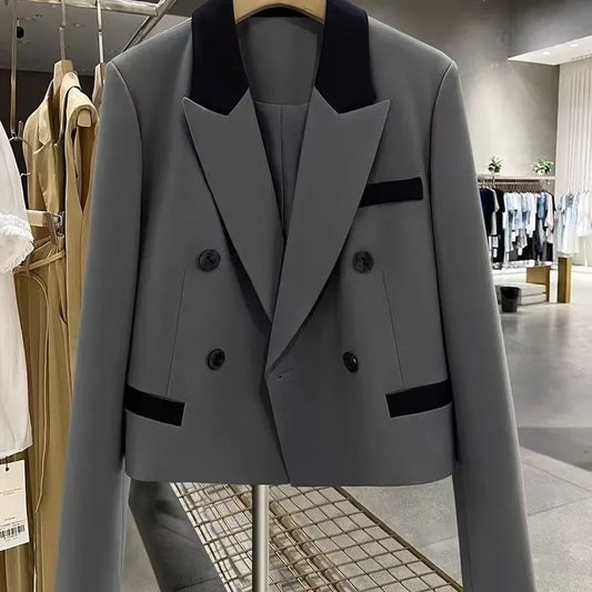 Loose Short Blazer Woman Crop Coats for Women Colorblock Gray Spring Autumn Jacket Korean Fashion Outdoor Sale Fall Outerwears Wofashion.xyz