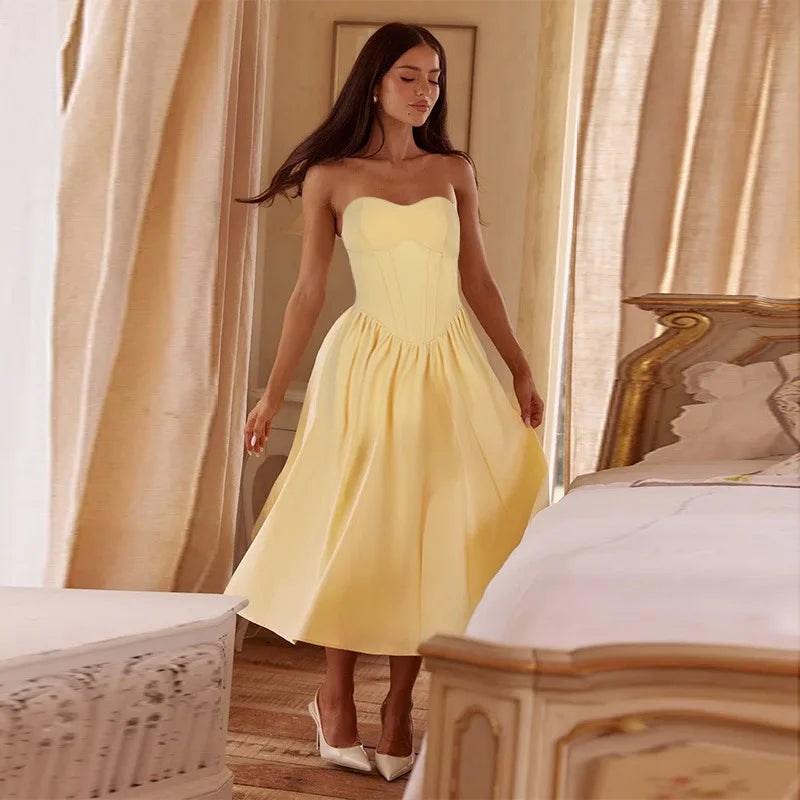 NIDANSSI Yellow Strapless Backless Evening Party Dress Women Pleated Bodycon Elegant Sexy Dress Midi Long Summer Dress Vestidos