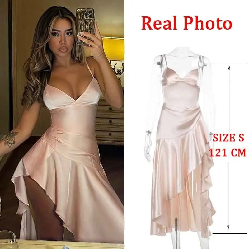NIDANSSI Satin Ruffle Slim Backless Evening Party Dress Women Robes Bodycon Elegant Sexy Dress Midi Long Summer Dress Vestidos