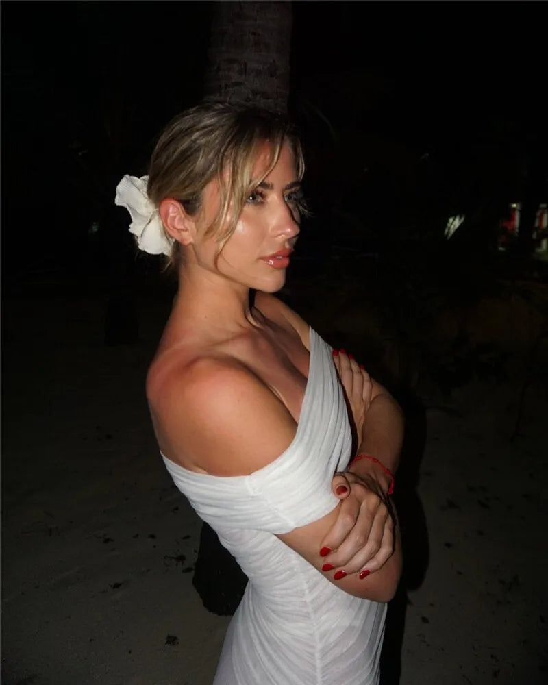 Mozision Mesh Off-shoulder Backless Sexy Maxi Dress For Women Fashion Strapless Sleeveless Split Ruched Bodycon Club Party Dress