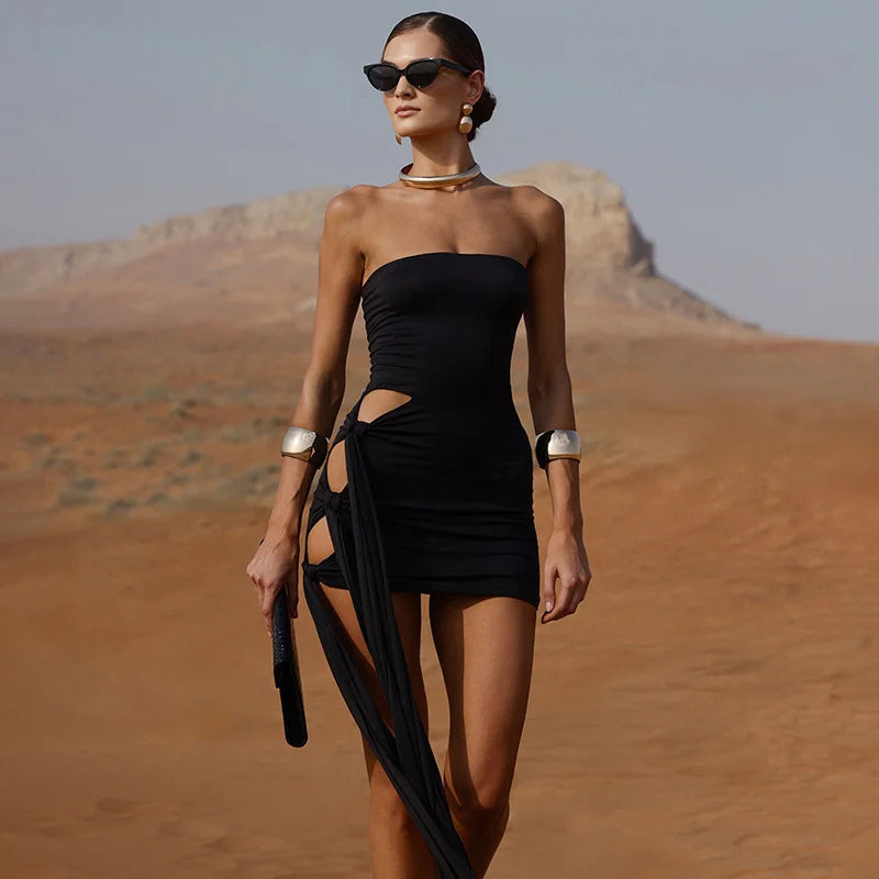 Mozision Off-shoulder Strapless Ruched Sexy Mini Dress Women Fashion Hollow Out Sleeveless Backless Draped Club Party Dresses