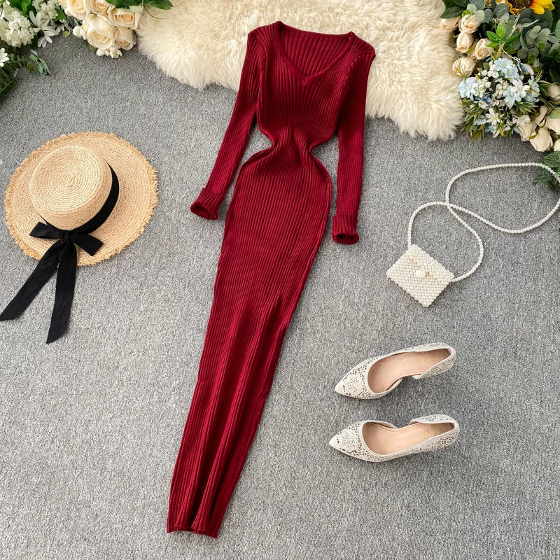 Women's Knitted Midi Dr Pure Color Long Sve Slim Fit High Waist V-Ne Korean Sle Faionable Autumn Winter Dr