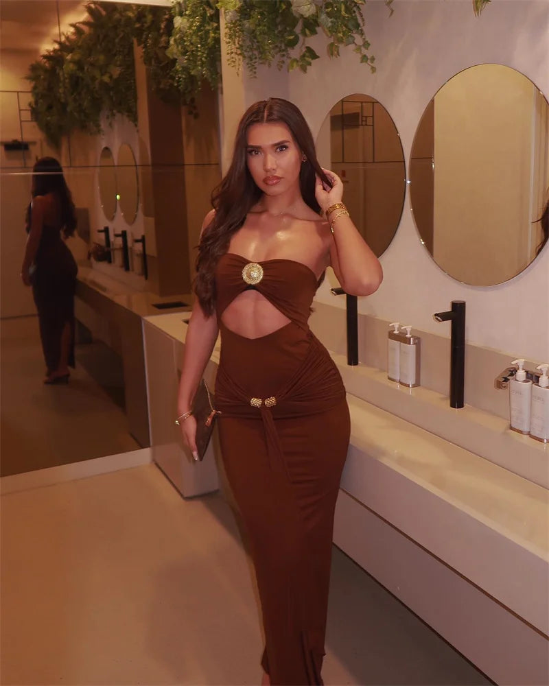 Mozision Hollow Out Backless Sexy Maxi Dress Women Gown Summer New Off-shoulder Strapless Sleeveless Ruched Club Long Dress