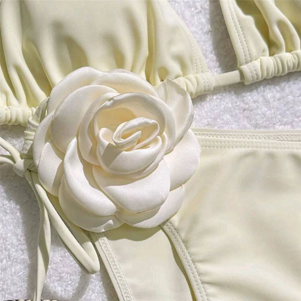 Sexy 3D Flower Black Triangle Bikinis Sets Micro Thong Swimsuit Women String Halter Bathing Suit Bikini 2025 Mujer Biquinis Swim