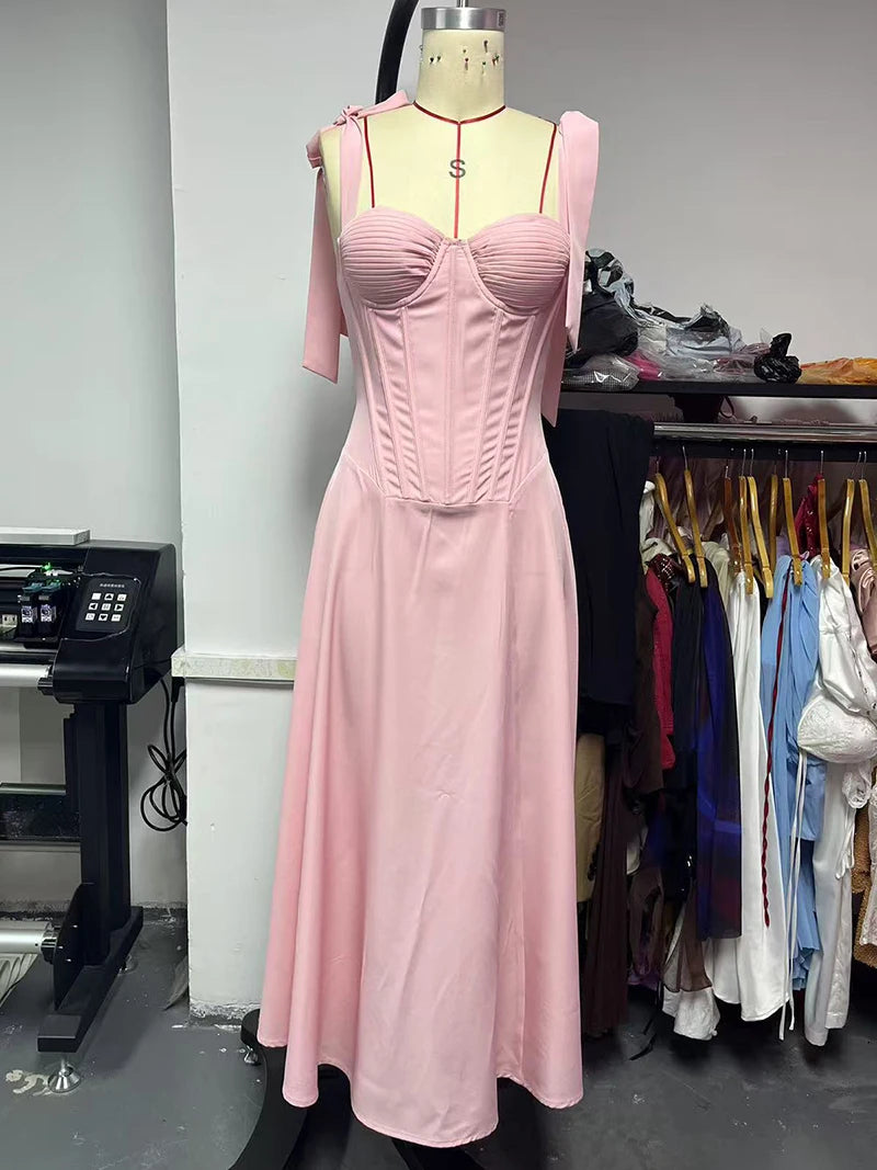 Mozision Pink Chiffon Tie Strap Sexy Midi Dress Women Pink Spaghetti Strap Sleeveless Backless Lace-up A-line Club Party Dress