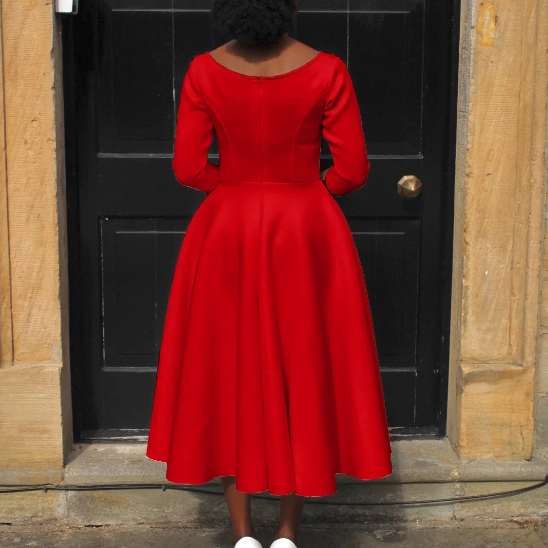 Elegant Party Dress for Woman 2024 Modern O Neck Three Quarter Sleeve High Waisted A Line Mid Calf Birthday Dinner Wedding Cloth