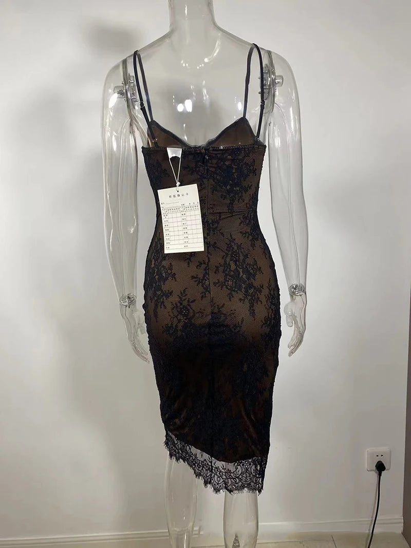 Mozision Lace Print Spaghetti Strap Sexy Midi Dress For Women Black Sleeveless Backless Bodycon Club Party Printed Long Dress