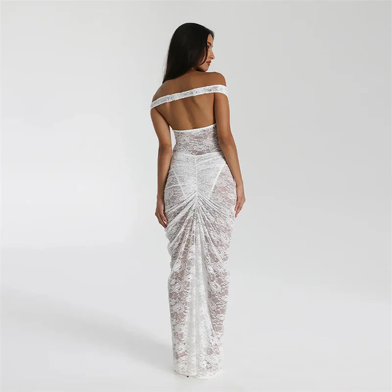 Mozision Lace See Through Sexy Two Piece Set Women Elegant Off-shoulder Backless Bodysuit And Maxi Skirt Matching Club Dress Set