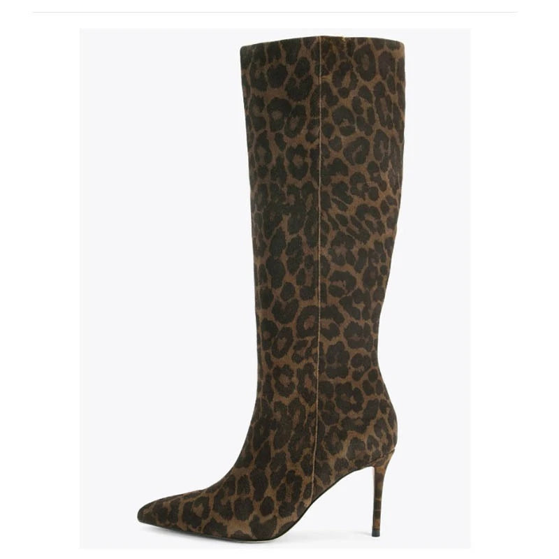 European and American Women's High-heeled Snake Patterned Pointed Side Zipper High Boots, Oversized Slimming Knee High Boots