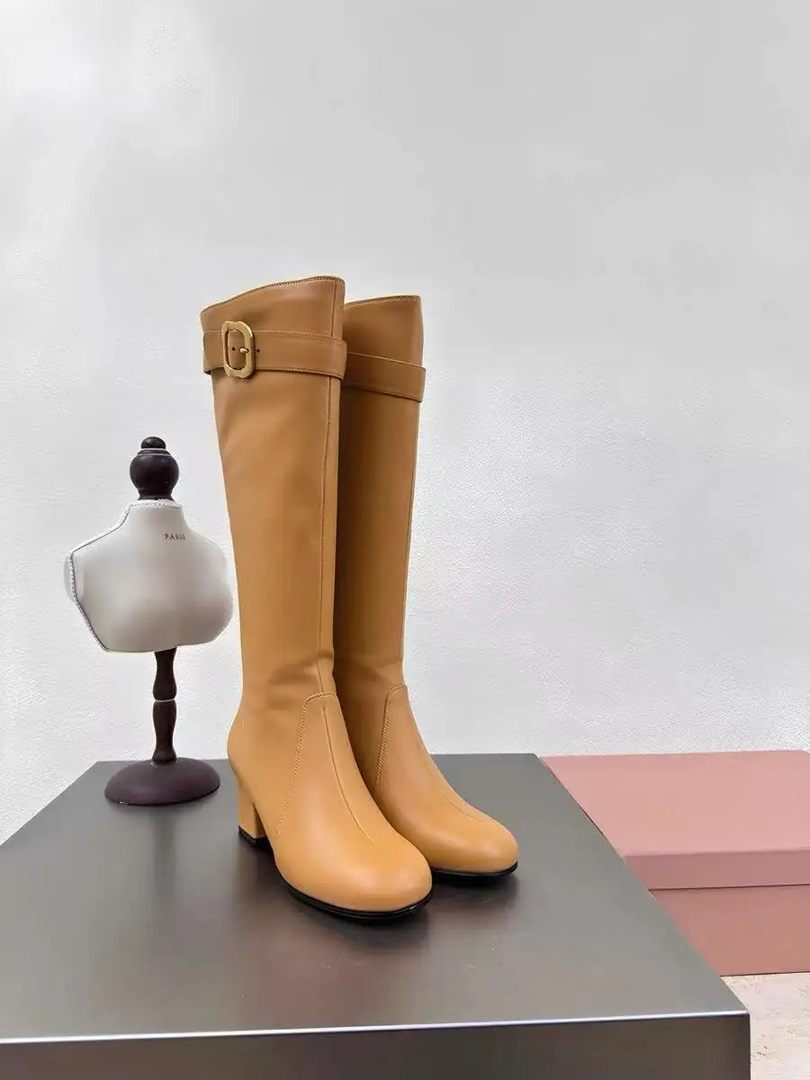 European and American Sexy Hot Girl Belt Buckle Thick High Heels Round Toe Back Zipper Knee Highboots Women's Retro Elasticshoes