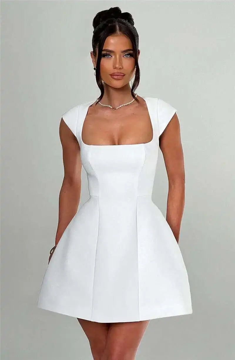 Mozision Square Collar Short Sleeve Mini Dress For Women Robe New Fashion Solid A-line Loose High Waist Short Dress Elegant