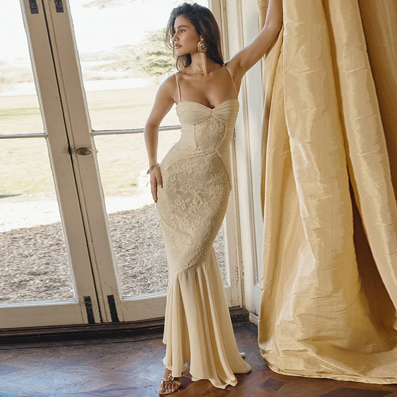 NIDANSSI Lace Print Ruffle Backless Holiday Casual Dress Women 2024 Elegant Sexy Dress Bodycon Midi Long Summer Dress Vestidos