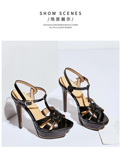 Women's Summer European and American Fashion Stiletto Waterproof Platform Leather Open Toe Round Head Buckle Sandals