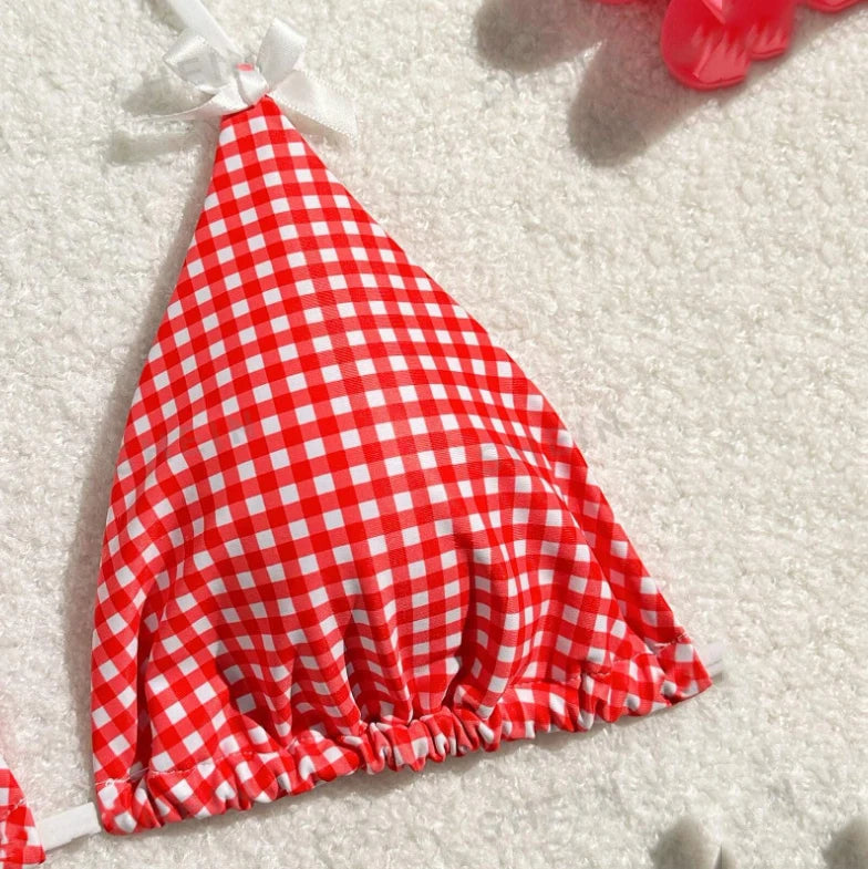 Red Plaid String Halter thong Micro Bikini for Women Mini Swimwear Lace-up Sexy Swimsuit Bathing Suit Triangle Bikinis Sets 2025