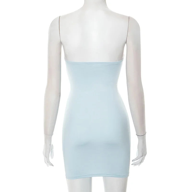 Mozision Metal Buckle Off-shoulder Sexy Mini Dress Women Robe Fashion Strapless Sleeveless Backless Bodycon Ruched Club Dress