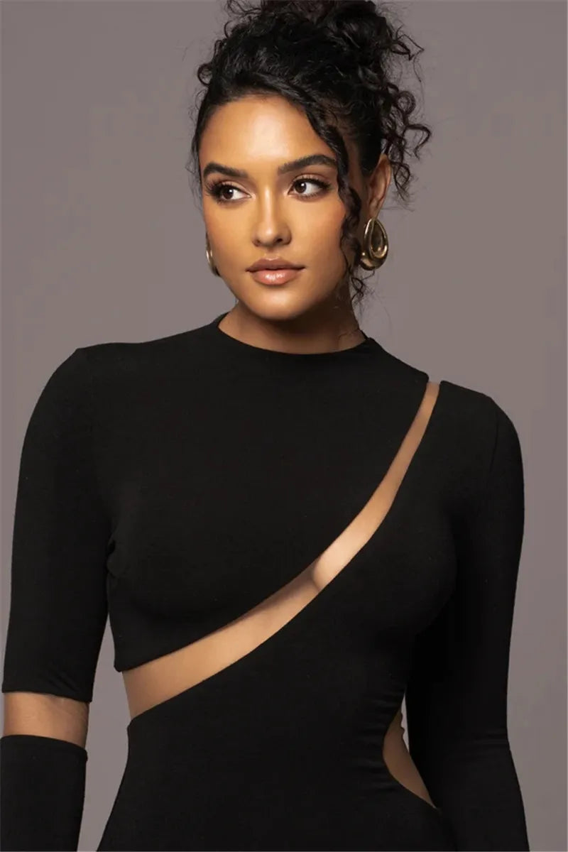 Mozision Turtleneck Long Sleeve Bodycon Maxi Dress For Women Autumn New Patchwork Hollow Out Club Party Sexy Long Dress Vestidos