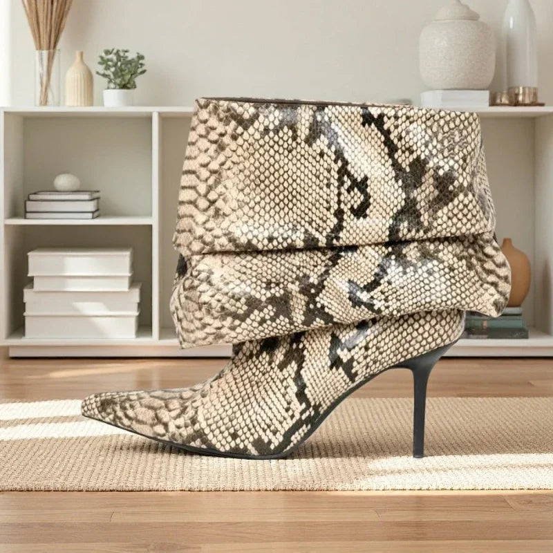 European and American Sexy Snake Pattern Pleated High-heeled Sleeve Boots for Women, Stage Fashion, Fashion Shows, Banquet Shoes